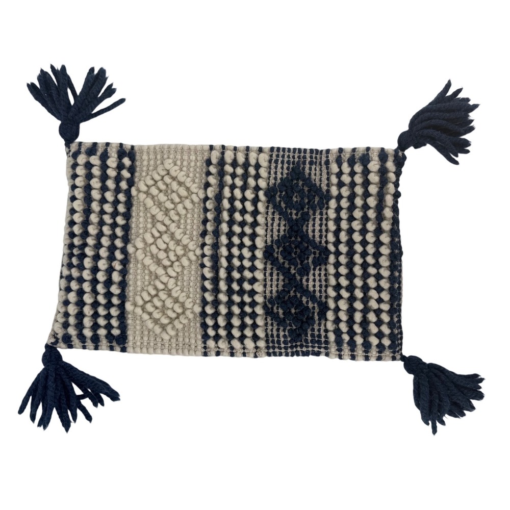 Magnolia Home Joanna Gaines Tufted Wool Navy Cream Textured Tassel Pillow Cover - Picture 1 of 7